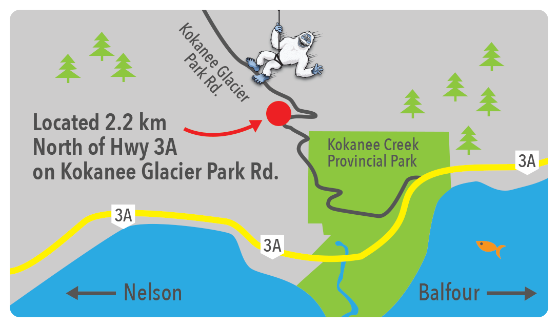 Kokanee Mountain Zipline is located 2.2km North of Hwy 3A on Kokanee Glacier Park Road